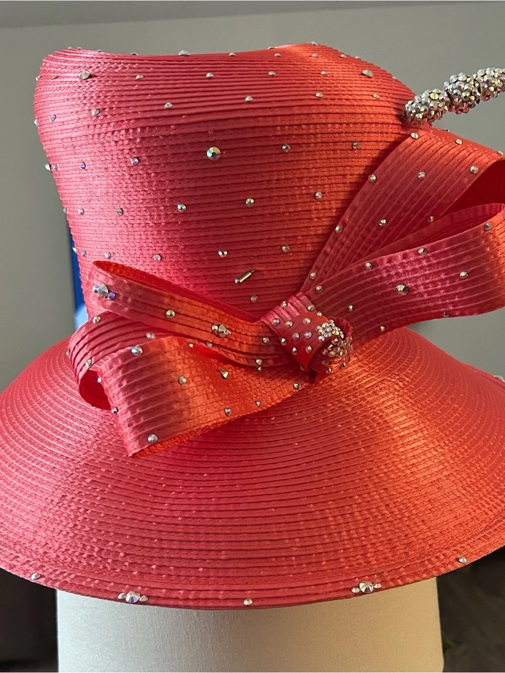 Rhinestone Embellished Coral Wide-Brim Hat with Statement Bow